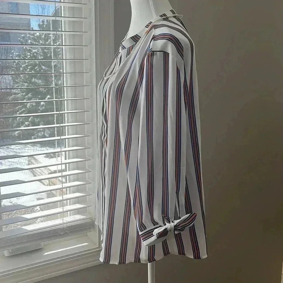 [XLP]41 Hawthorn Orange Blue Strapes White V Neck  Blouse - Picture 2 of 12